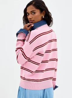 Denim polo collar insert striped sweater