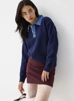 Denim polo collar sweater