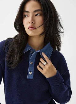 Denim polo collar sweater