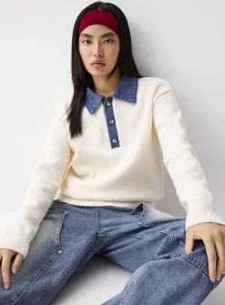 Denim polo collar sweater