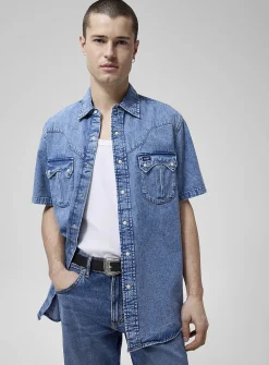 Denim short-sleeve Western shirt