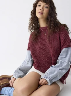 Denim sleeves two-tone knit sweater