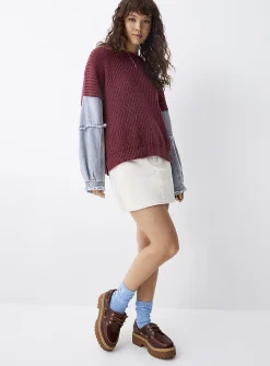 Denim sleeves two-tone knit sweater