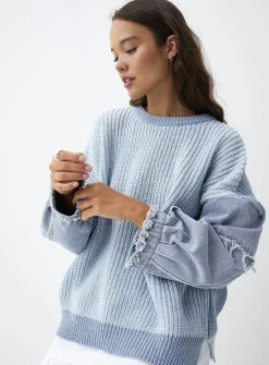 Denim sleeves two-tone knit sweater