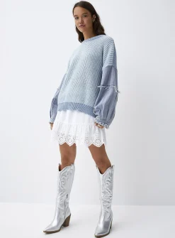 Denim sleeves two-tone knit sweater