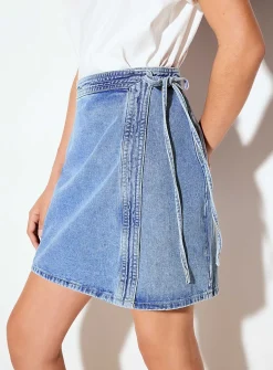 Denim tie-up wraparound miniskirt