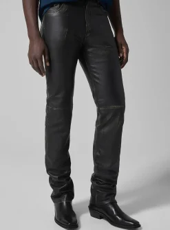 Distressed fitted grained leather pant