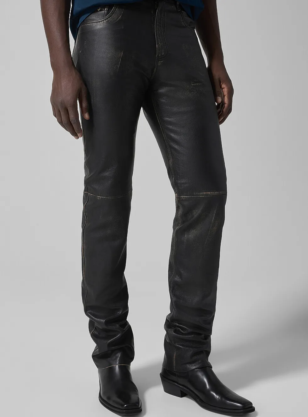Distressed fitted grained leather pant