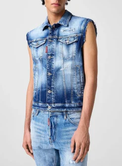 Distressed sleeveless denim jacket