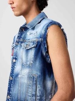Distressed sleeveless denim jacket