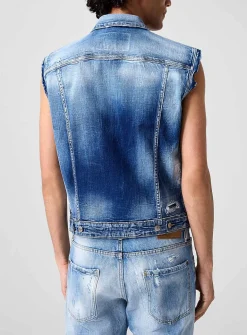 Distressed sleeveless denim jacket