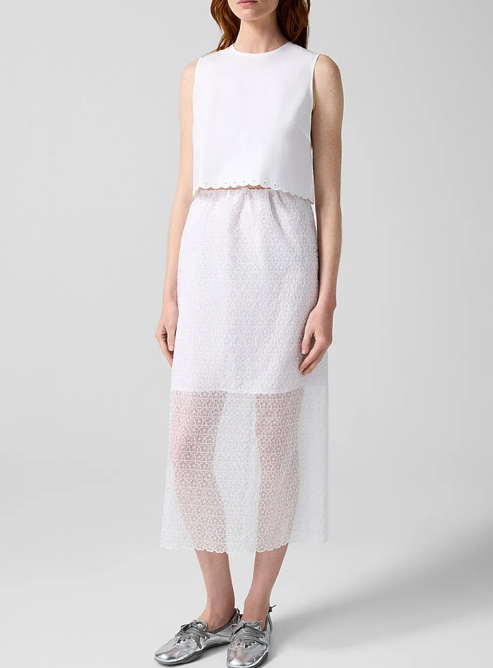 Donna embroidered-flower organza skirt