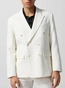 Double-breasted banker-stripe white blazer