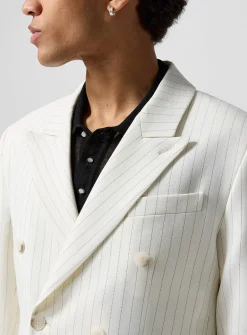 Double-breasted banker-stripe white blazer
