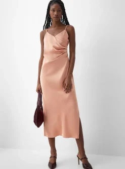 Double-face satin draped collar slip dress