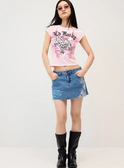 Dragon print denim miniskirt