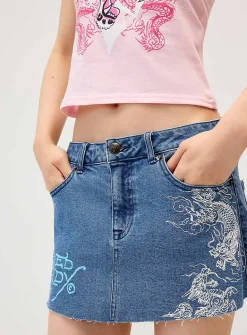 Dragon print denim miniskirt