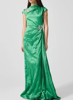 Draped satin dress with embroidered embellishments