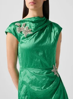Draped satin dress with embroidered embellishments