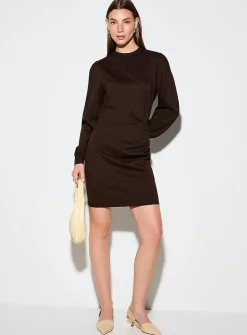 Draped waist long-sleeve interlock dress