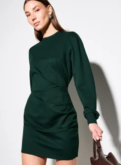 Draped waist long-sleeve interlock dress