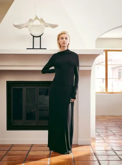 Draped-collar fluid crepe dress