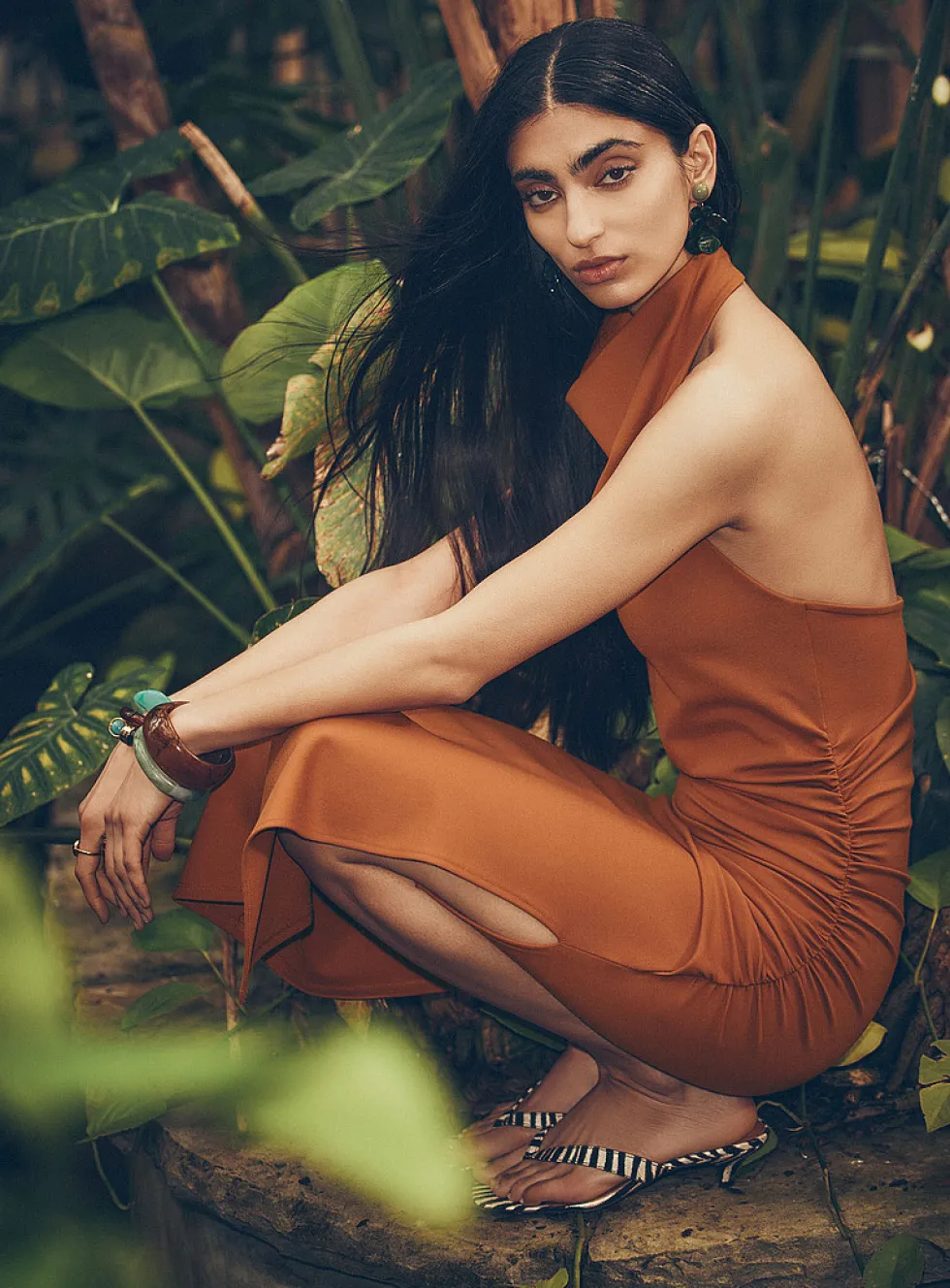 Draped-waist halter-neck interlock jersey dress