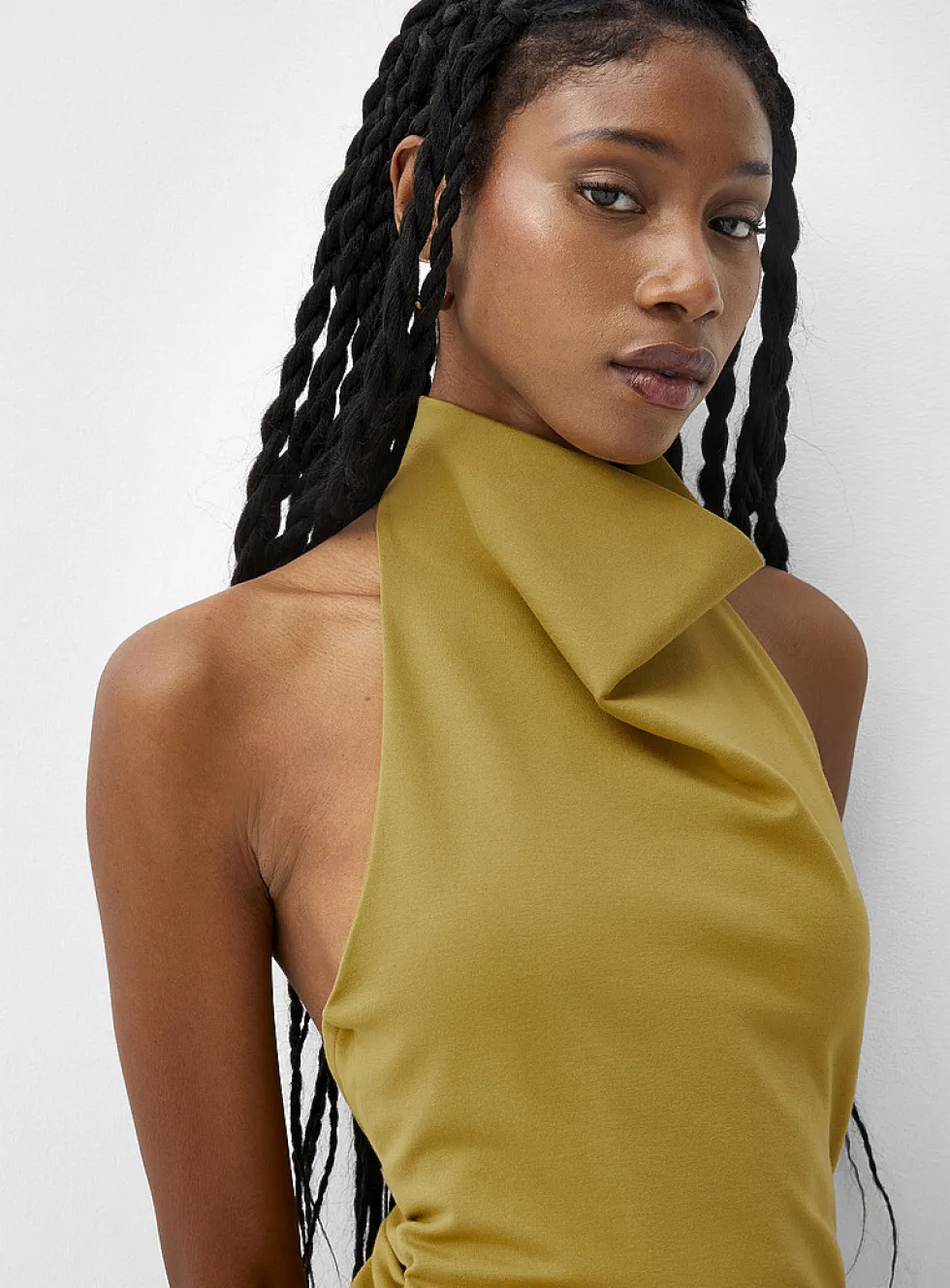 Draped-waist halter-neck interlock jersey dress