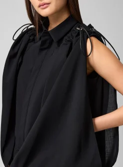Drawcord draped pure wool blouse