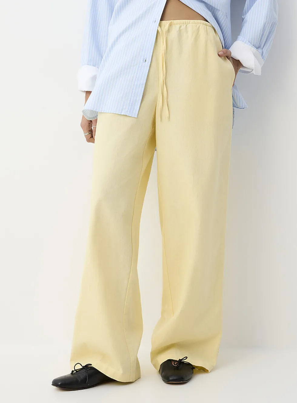 Drawcord waist linen-blend wide-leg pant