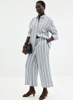 Drawcord waist pure linen capri pant