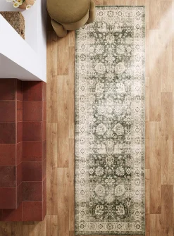 Ecru and green ultra-soft Persian-style hallway rug