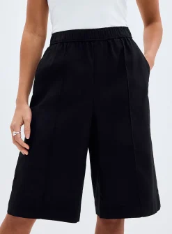 Elastic waist linen-cotton Bermuda shorts
