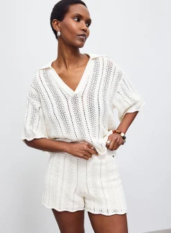 Elastic waist scalloped openwork short