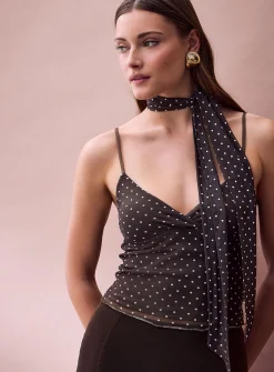 Elvira polka dot scarf-neck micromesh cami