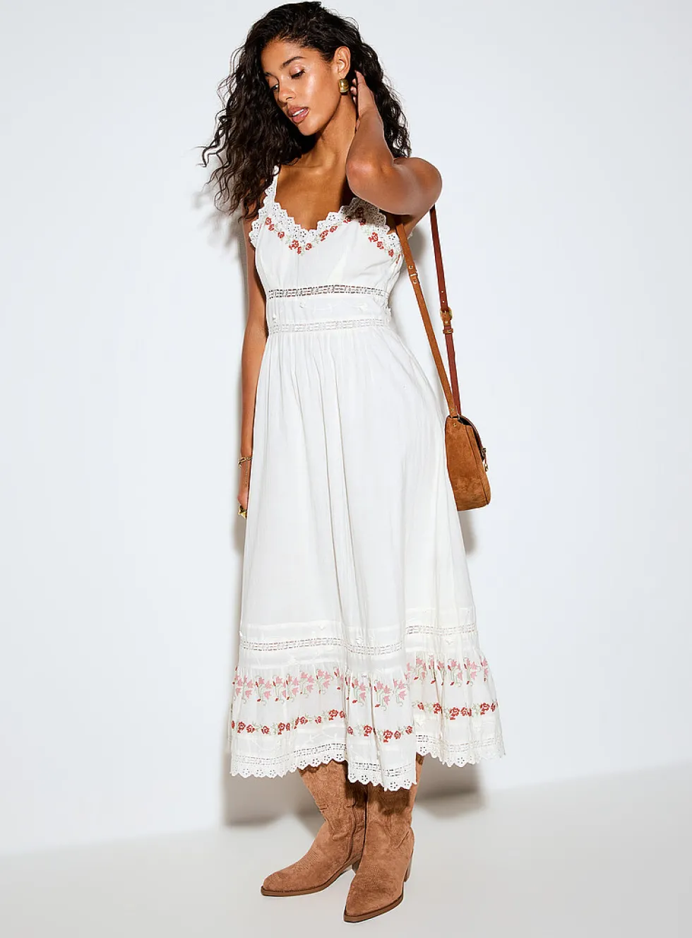 Embroidered crocheted cotton voile dress