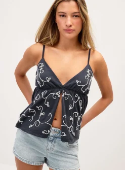 Embroidered details flyaway babydoll cami
