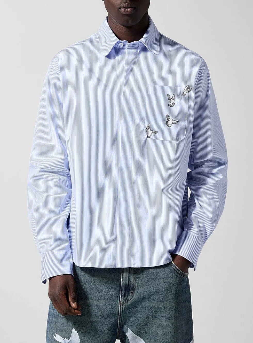 Embroidered doves vertical stripes shirt