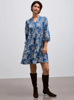 Embroidered faux-denim tiered dress
