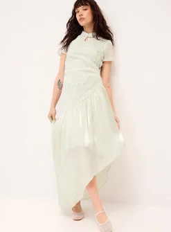 Embroidered flower buttoned-collar maxi dress
