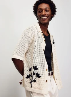 Embroidered flower polo-collar cardigan
