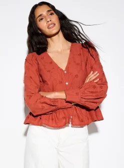 Embroidered flowers cotton voile V-neck blouse
