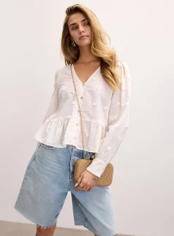 Embroidered flowers cotton voile V-neck blouse