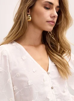 Embroidered flowers cotton voile V-neck blouse