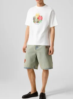 Embroidered flowers faded jean Bermuda short