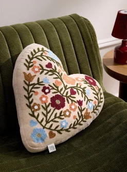 Embroidered flowers heart cushion