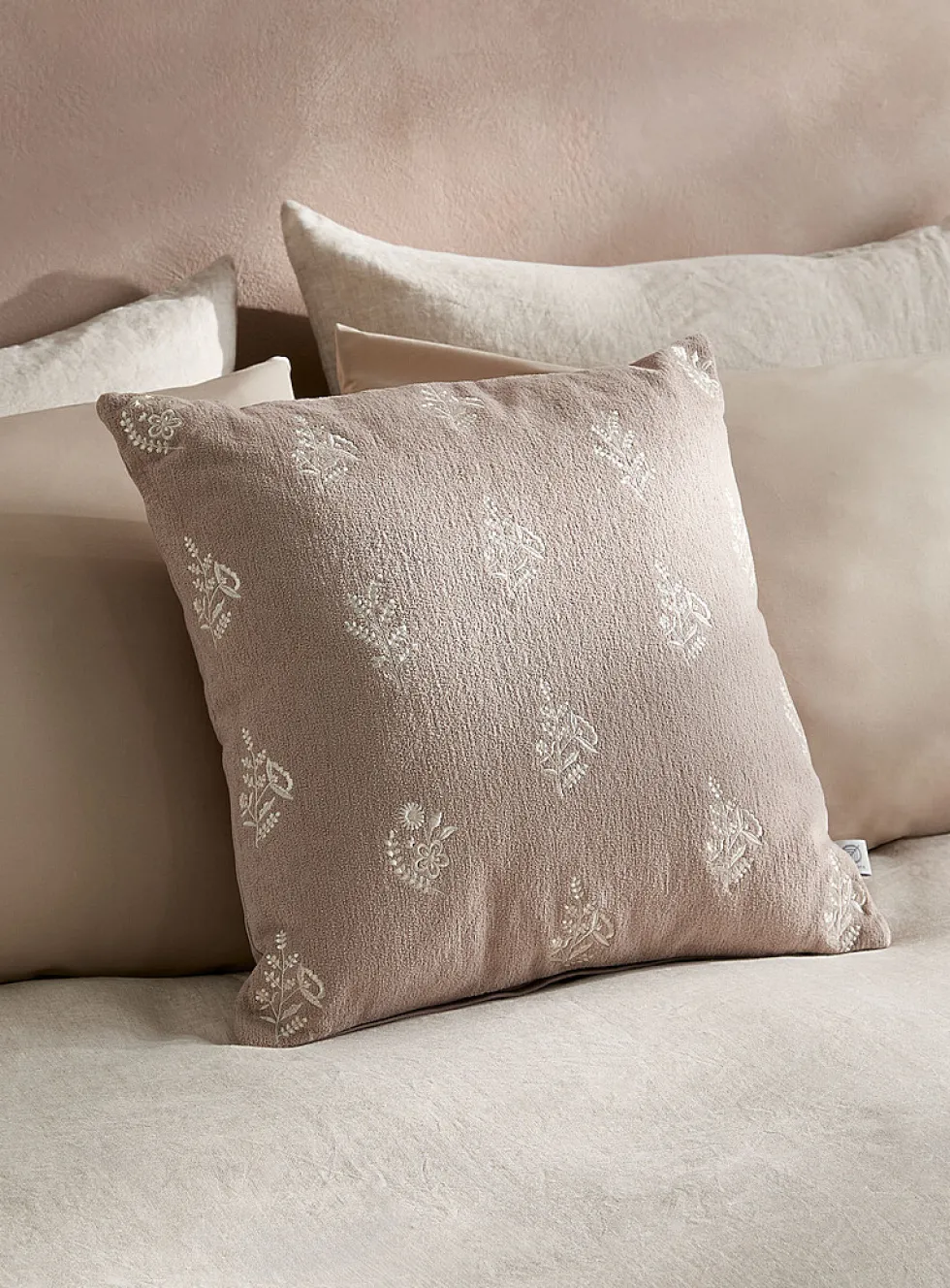 Embroidered flowers taupe removable cover cushion