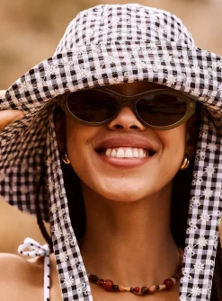 Embroidered gingham wide-brim tie bucket hat