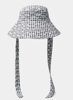 Embroidered gingham wide-brim tie bucket hat
