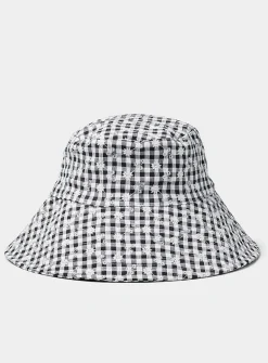 Embroidered gingham wide-brim tie bucket hat